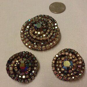 IRIDESCENT RHINESTONE PIN and Clip-On Earrings, 1950s Vintage, Fall Color